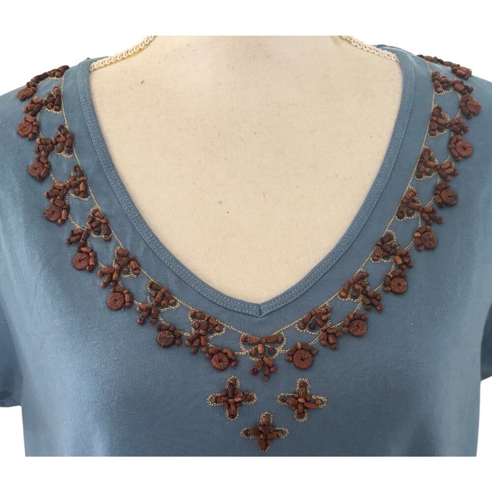 Y2K Coldwater Creek Beaded Teal Top short Sleeve size L t shirt NWT - Picture 2 of 8
